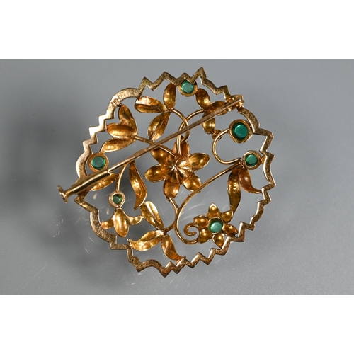 242 - A circular brooch of open floral form, set with central cultured pearl and with six small cabochon e... 