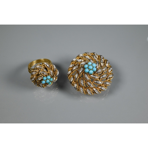 250 - A 1960s style brooch and matching ring formed of yellow metal coiled rope style decoration with whit... 