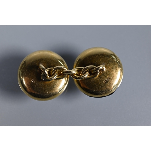 257 - A cased pair of 18ct yellow gold chain-linked cufflinks set mother of pearl with enamel border and d... 