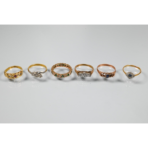 270 - Six various stone set rings, 9ct yellow gold,  and a collection of Victorian and later silver a... 