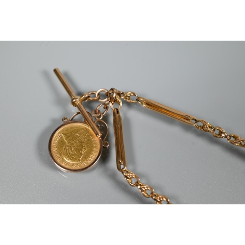 278 - A 9ct fancy link Albert chain with bar and two swivels suspending double-sided locket and with 1896 ... 