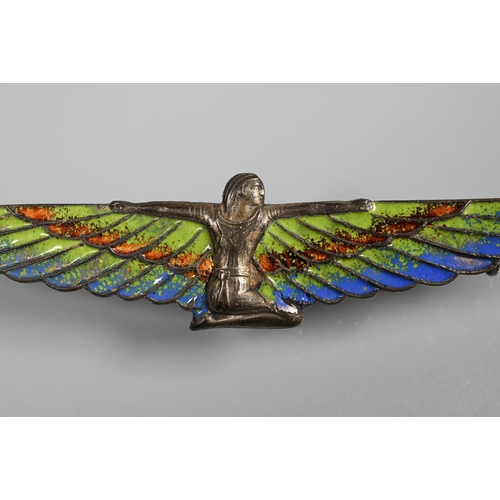 294 - An Art Deco Egyptian Revival enamelled brooch in the form of a winged pharoah, 9cm wide to/w an Edwa... 