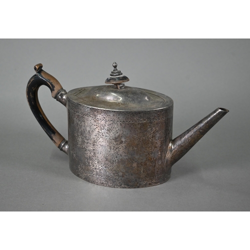 30 - A George III silver tea pot of oval form with straight spout, nail-punch decoration and ebonised han... 