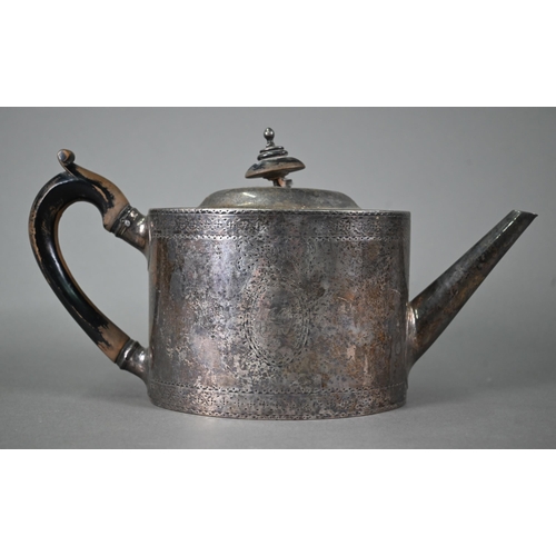 30 - A George III silver tea pot of oval form with straight spout, nail-punch decoration and ebonised han... 