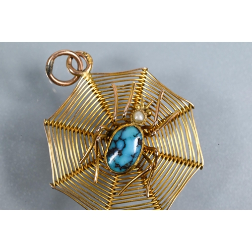 300 - A pendant in the form of a spider on web, the spider with turquoise matrix body and pearl set head, ... 