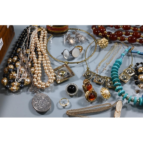 302 - Two boxes of mixed costume jewellery, some designer pieces including Monet, and comprising bead neck... 