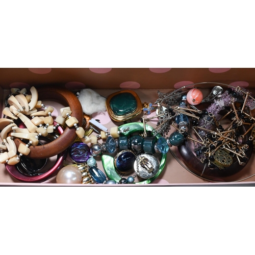 302 - Two boxes of mixed costume jewellery, some designer pieces including Monet, and comprising bead neck... 