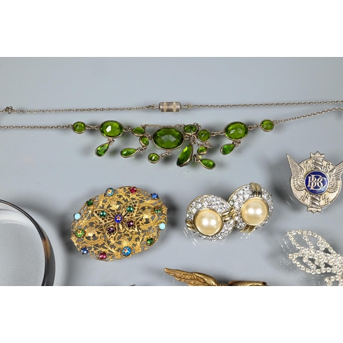 328 - Small collection of jewellery including BBC badge by Miller, tortoiseshell open bangle, green stone ... 