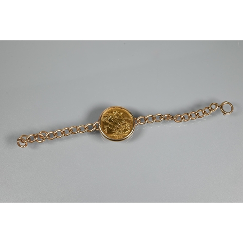 330 - An 1886 gold sovereign, young Victoria head, in 9ct belcher chain bracelet, approx 16 g all in