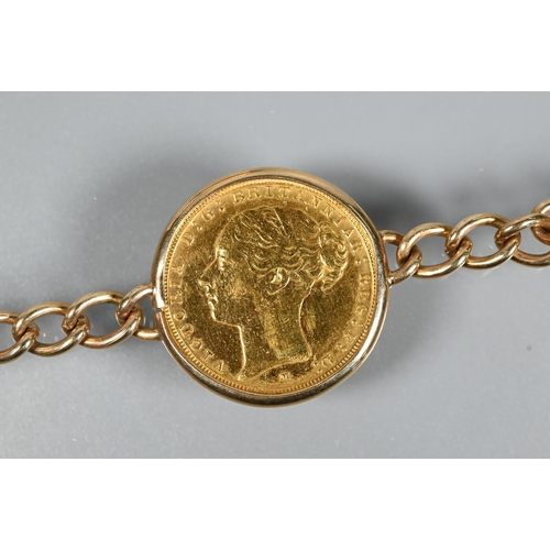 330 - An 1886 gold sovereign, young Victoria head, in 9ct belcher chain bracelet, approx 16 g all in