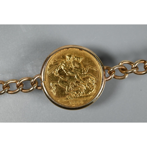 330 - An 1886 gold sovereign, young Victoria head, in 9ct belcher chain bracelet, approx 16 g all in