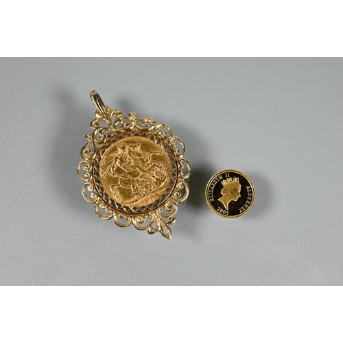 333 - A George V gold sovereign dated 1913 in 9ct yellow gold scroll pendant mount to/w one pound 'Nelson'... 