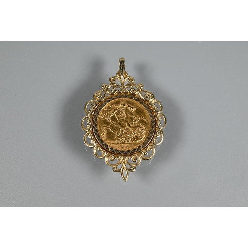 333 - A George V gold sovereign dated 1913 in 9ct yellow gold scroll pendant mount to/w one pound 'Nelson'... 