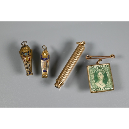 339 - A propelling pencil in the form of a gilt metal and enamel sarcophagus, 3 cm long; a smaller sarcoph... 