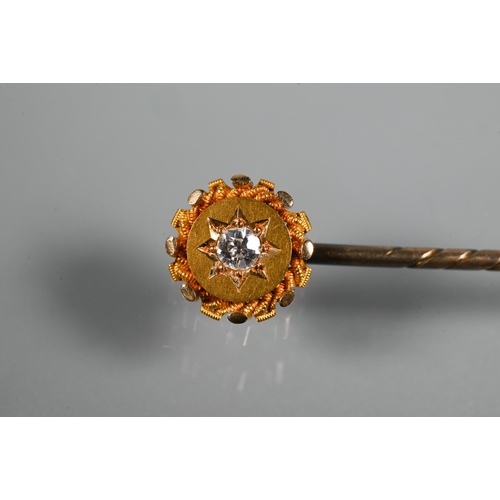 342 - Two Edwardian 15ct yellow gold stick pins, each with inset diamond, 3.4g all in (2)