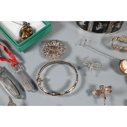 347 - A collection of mainly white metal jewellery including wide Niello hinged cuff, stamped Siam Silver;... 