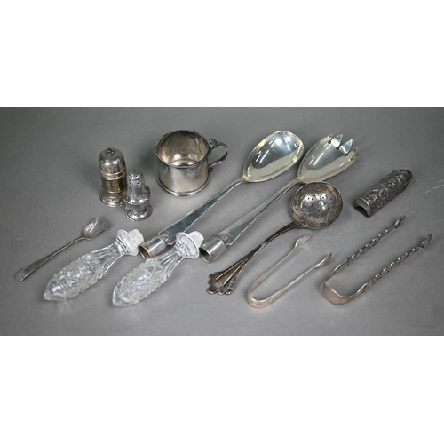 35 - A pair of Asprey silver salad servers (glass handles detached), London 1924, to/w a sifter ladle, Lo... 