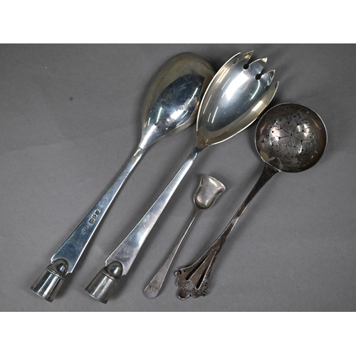 35 - A pair of Asprey silver salad servers (glass handles detached), London 1924, to/w a sifter ladle, Lo... 