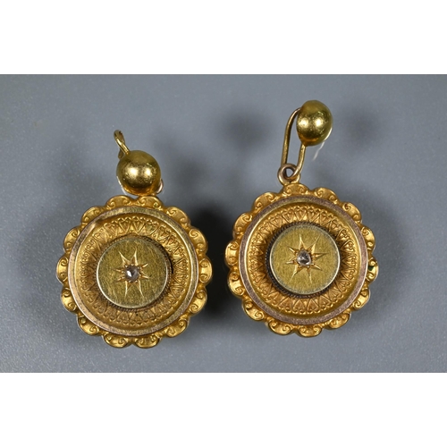 350 - A pair of gilt metal Victorian drop earrings in the Etruscan manner, each with central rose cut diam... 