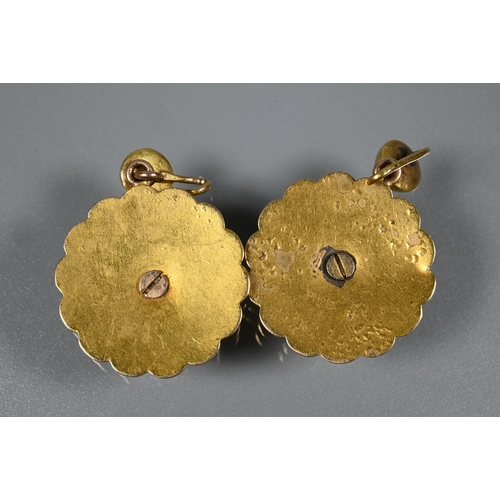 350 - A pair of gilt metal Victorian drop earrings in the Etruscan manner, each with central rose cut diam... 