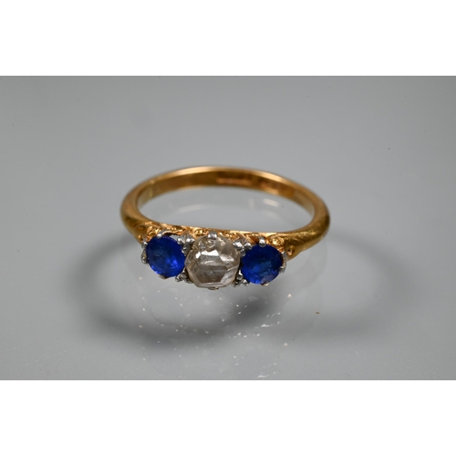 356 - An antique 18ct yellow gold ring set with diamond and two synthetic sapphires, size L; an 18ct yello... 