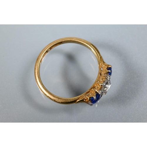 356 - An antique 18ct yellow gold ring set with diamond and two synthetic sapphires, size L; an 18ct yello... 