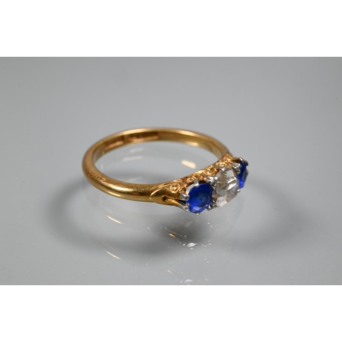 356 - An antique 18ct yellow gold ring set with diamond and two synthetic sapphires, size L; an 18ct yello... 