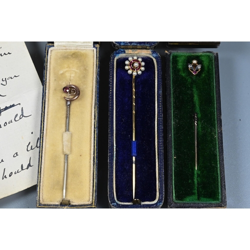 362 - A collection of various cluster stick pins set diamonds, rubies, seed pearls and garnets, a/f, c/w a... 