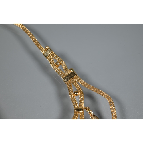 371 - A suite comprising mesh-chain, bead and tassel necklace, bracelet and matching ring, all stamped 750... 