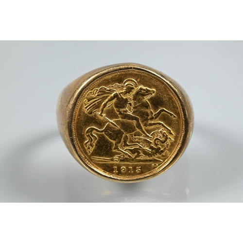 373 - AMENDMENT HALF SOVEREIGN A George V gold sovereign dated 1915 in unmarked yellow metal ring mount, s... 