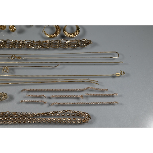 374 - A collection of 9ct yellow gold chains, Creole earrings, knot earrings etc, all stamped 375 and most... 