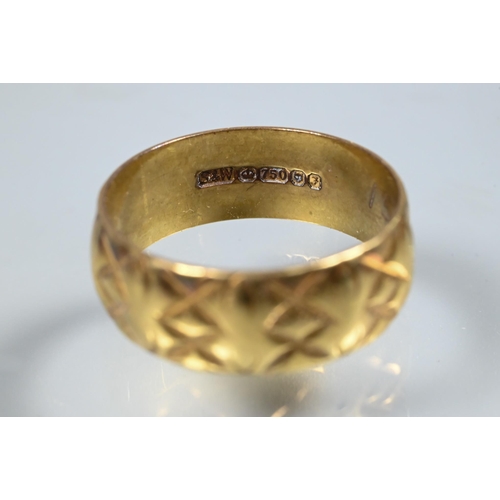 375 - An 18ct yellow gold wedding band with faceted decoration, size O; an 18ct yellow gold cluster ring s... 