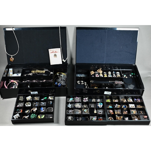 377 - Two boxes various earrings and pendants, mostly stamped 925 and set with simulated gemstones, glass,... 