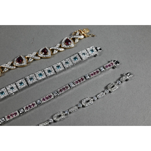 378 - A collection of various simulated gem-set bracelets, mostly stamped 925, in fitted jewel box