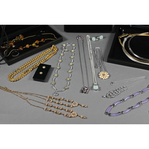 382 - Two boxes of assorted jewellery items including suites of simulated and synthetic gem set necklaces,... 