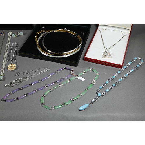 382 - Two boxes of assorted jewellery items including suites of simulated and synthetic gem set necklaces,... 