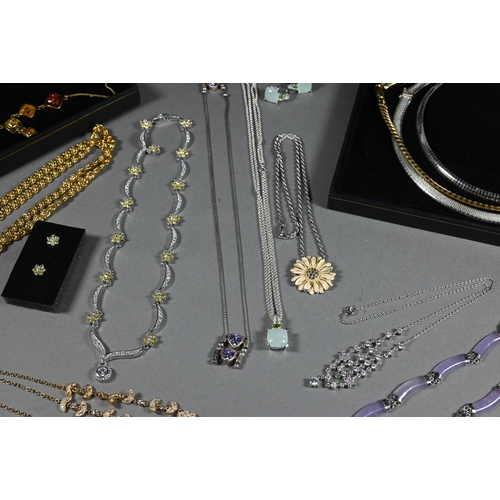 382 - Two boxes of assorted jewellery items including suites of simulated and synthetic gem set necklaces,... 