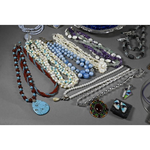 383 - Collection of various necklaces, bangles, pendants etc, some stone set, synthetic and simulated gem ... 