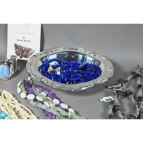 383 - Collection of various necklaces, bangles, pendants etc, some stone set, synthetic and simulated gem ... 