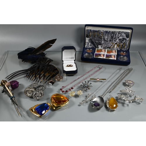 389 - A collection of vintage costume jewellery including brooches, dress clips, buckles, hair ornaments, ... 