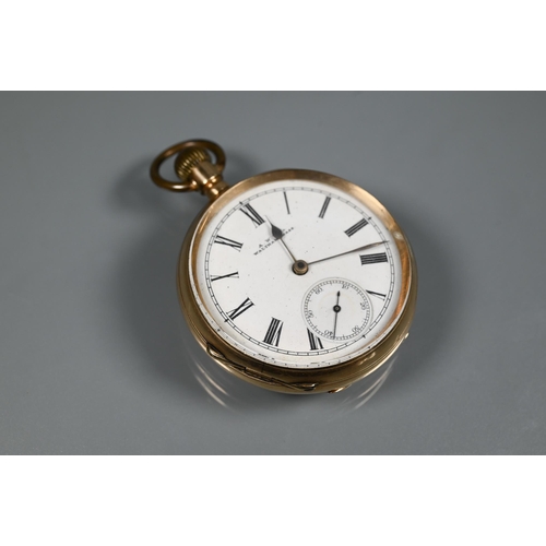 414 - A Waltham 10K cased pocket watch, white enamelled dial with subsidiary seconds