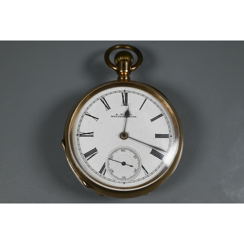 414 - A Waltham 10K cased pocket watch, white enamelled dial with subsidiary seconds