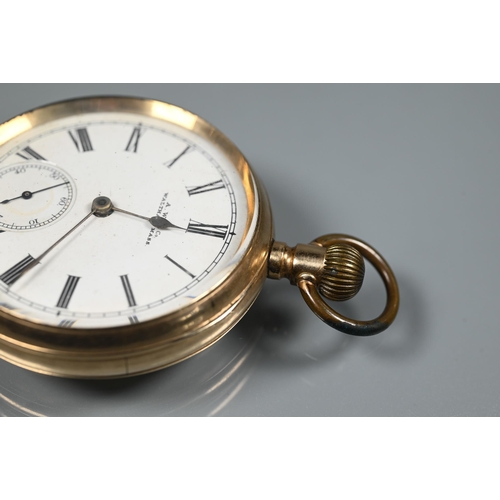 414 - A Waltham 10K cased pocket watch, white enamelled dial with subsidiary seconds