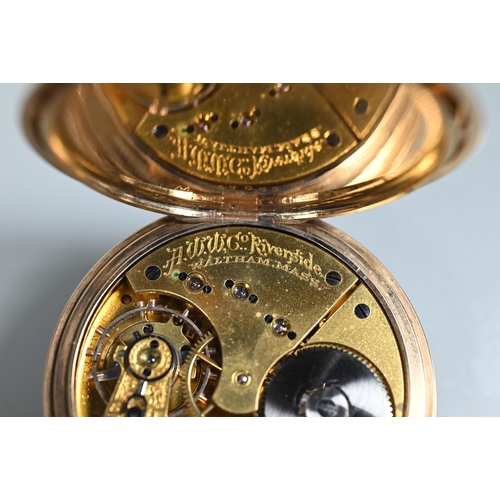 414 - A Waltham 10K cased pocket watch, white enamelled dial with subsidiary seconds