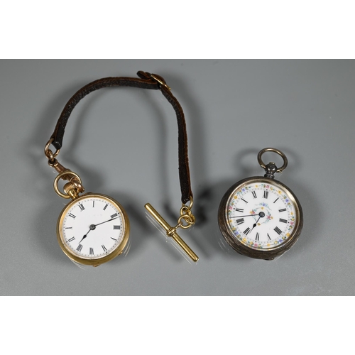 425 - A miniature ladies 18k fob watch, white enamel dial, 31 mm dia. (approx. 26g all-in) fitted with a 9... 