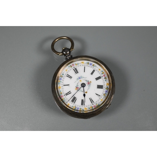 425 - A miniature ladies 18k fob watch, white enamel dial, 31 mm dia. (approx. 26g all-in) fitted with a 9... 