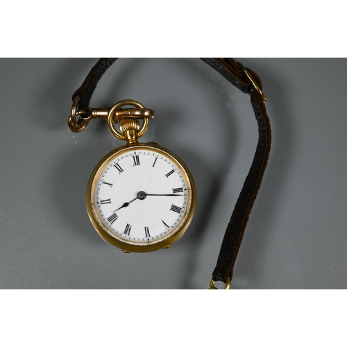 425 - A miniature ladies 18k fob watch, white enamel dial, 31 mm dia. (approx. 26g all-in) fitted with a 9... 