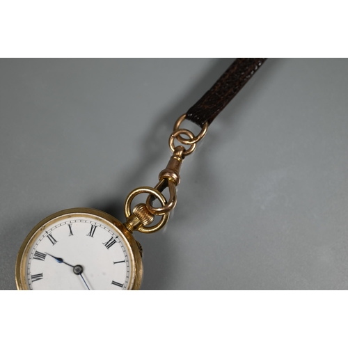 425 - A miniature ladies 18k fob watch, white enamel dial, 31 mm dia. (approx. 26g all-in) fitted with a 9... 