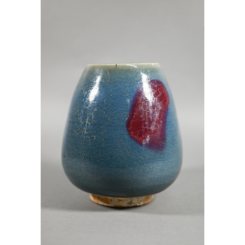 451 - A Chinese Jun Yao style lotus bud vase evenly covered with a crackled turquoise glaze with large irr... 