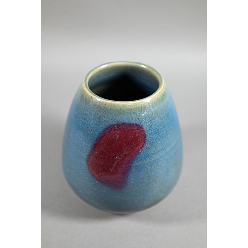 451 - A Chinese Jun Yao style lotus bud vase evenly covered with a crackled turquoise glaze with large irr... 